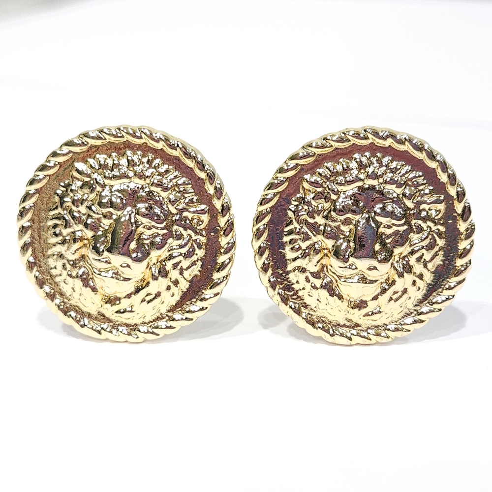 Vintage Versace Lion Coin Earrings 70s 80s Gold Tone Gianni Versace Clip Ons - Picture 4 of 17